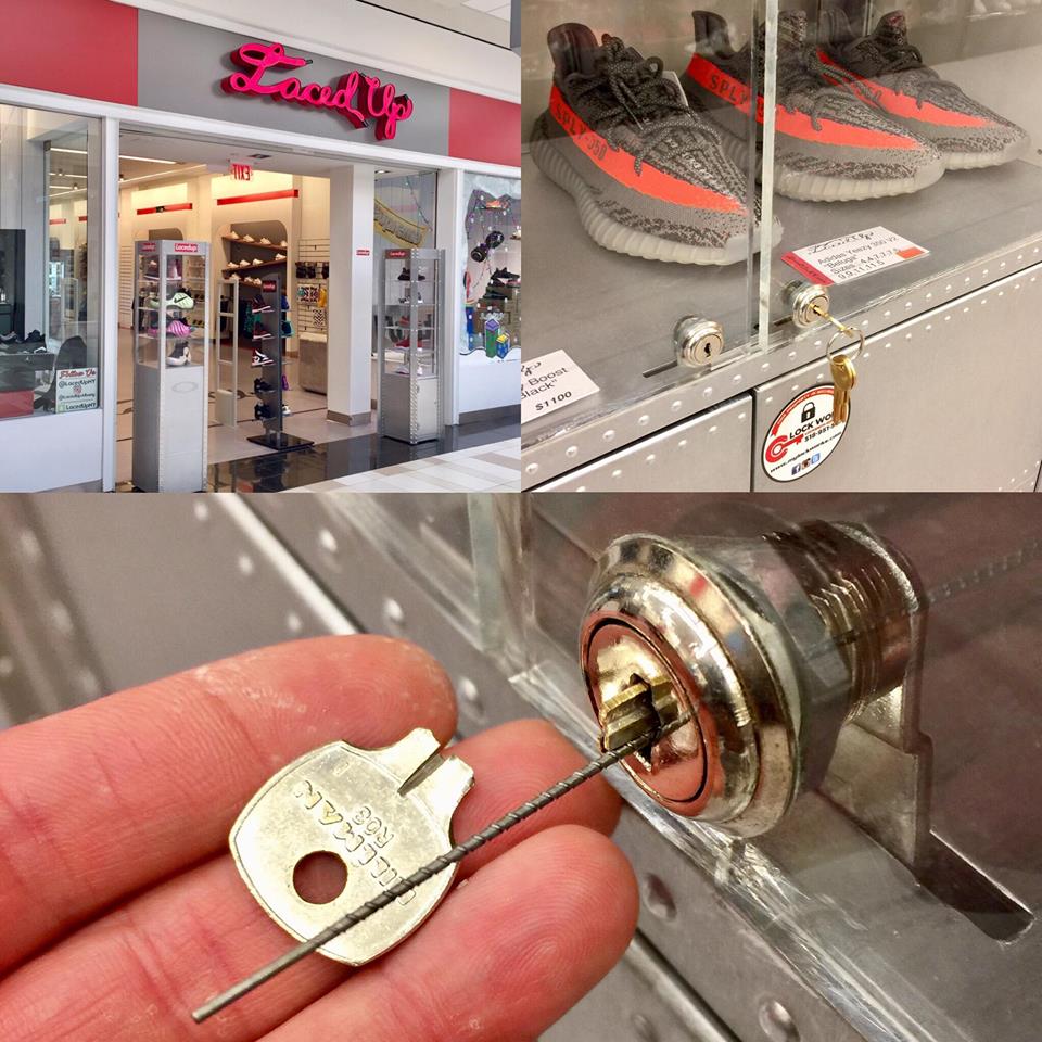 Series of photos displaying a broken key stuck in the lock of a cabinet in a sneaker store