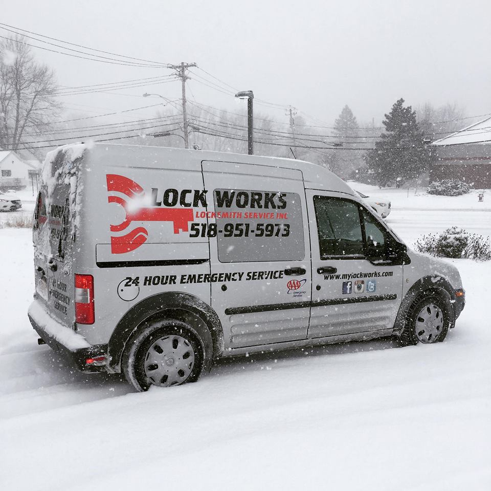 Lock Works Locksmith Service Inc. van parked in the snow
