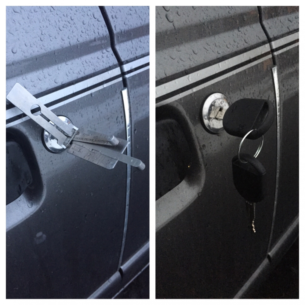 Two side-by-side photos showing the process of creating a duplicate key for a car